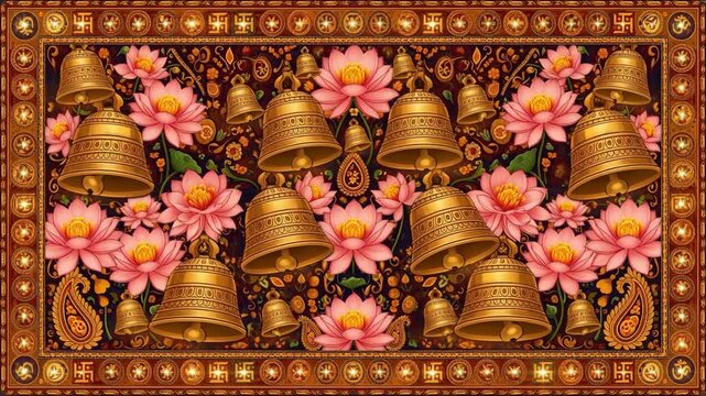 Decorative Mandir Wallpaper Featuring Traditional Bells Lotus Flowers and Sacred Symbols for Religious Celebrations
