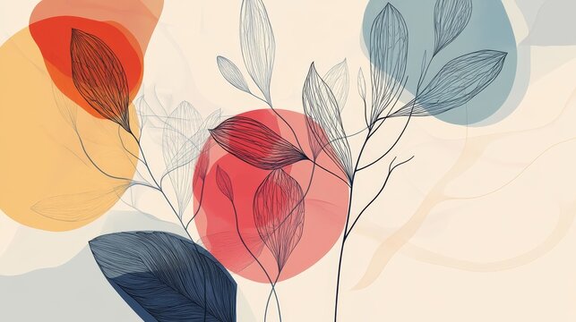 145.Modern abstract composition with intersecting geometric forms and thin botanical line drawings, layered transparent shapes, elegant symmetry, perfect for contemporary posters.
