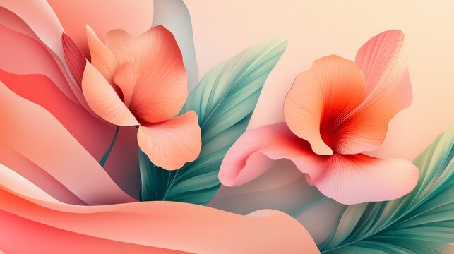 146.Mixed-style vector artwork combining sharp-edged geometry with soft organic leaves and petals, gentle gradients, structured layout creating a refined minimalist look.