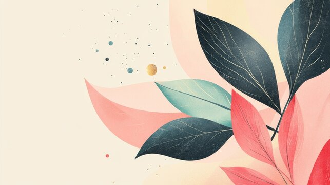 146.Mixed-style vector artwork combining sharp-edged geometry with soft organic leaves and petals, gentle gradients, structured layout creating a refined minimalist look.