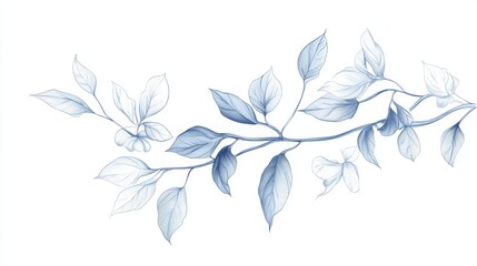Fototapeta premium 151.Sophisticated botanical branch illustration with soft blue petals and ornate leaf veins, crisp white backdrop, timeless line art suitable for monograms and wedding stationery.