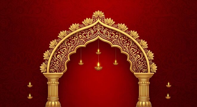 Elegant Mandir Wallpaper with Ornate Gold Arch and Hanging Diyas for Religious Celebrations and Festivals