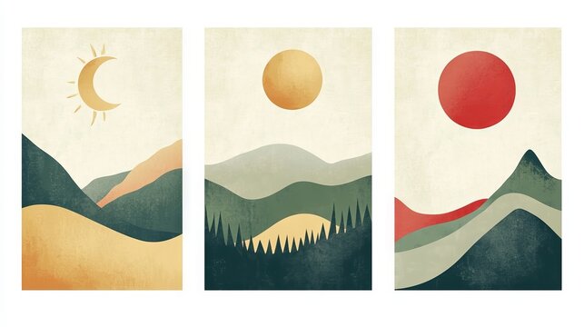 160.Concept = Mountain, forest, hill, wave, sun and moon on big set. Mid century modern minimalist art print. Abstract contemporary aesthetic backgrounds landscape. vector illustrations