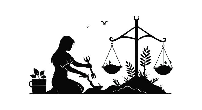 black silhouette of woman gardening with balance scale