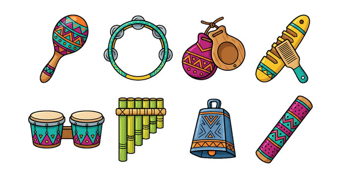 Latin percussion instrument set including maracas, tambourine, bongos, and pan flute isolated. Vibrant cartoon style elements for musical education and festive celebration designs.