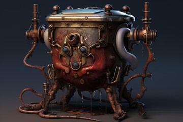 Fototapeta premium Rusted steampunk machine featuring complex pipes and gears
