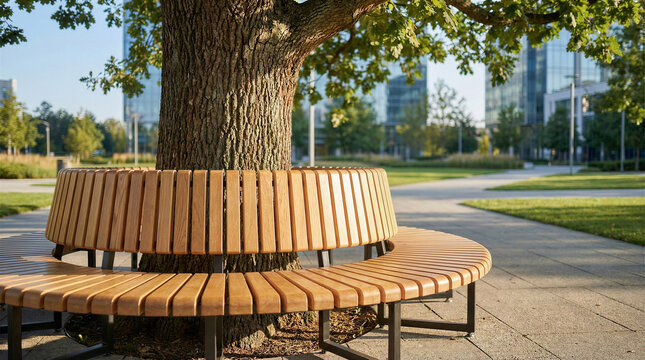 Modern wooden bench wrapped around tree in urban park setting  