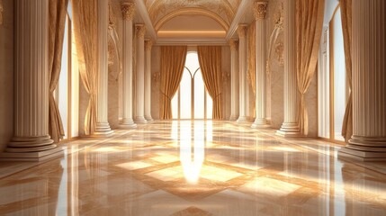 Fototapeta premium Elegant hall with tall columns, golden curtains, and sunlight casting intricate patterns on the floor