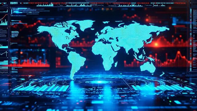 Advanced Futuristic digital world map interface for Digital Transformation and Cyber Infrastructure
