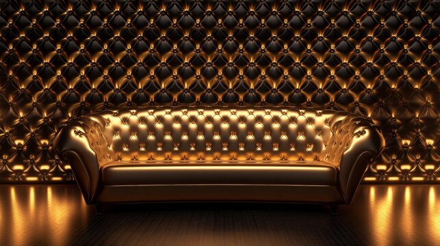 Luxurious gold sofa in a richly designed room with intricate wall patterns and warm lighting