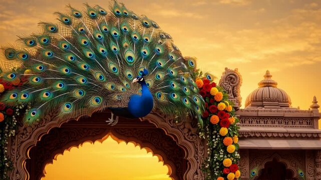 Elegant Peacock and Floral Archway at Sunset with Intricate Temple Architecture for Mandir Wallpaper Design