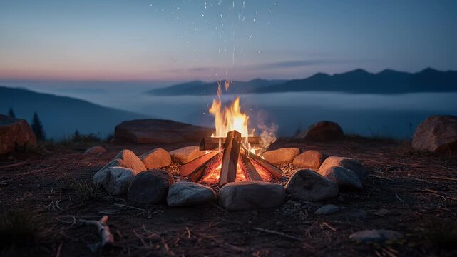 campfire rocky campsite at dusk with mountains and fog over water