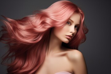 Naklejka premium Studio portrait of beautiful woman with long, wavy pink hair flowing in wind