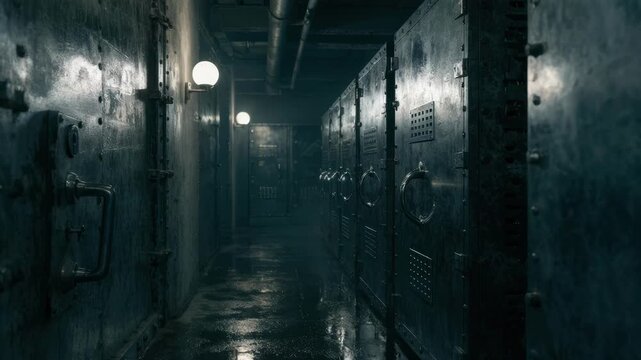 Medium shot of a secure metal safe deposit box corridor with a reinforced door low lighting and shallow focus highlighting the polished box handles.