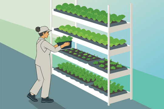 Checking Plant Growth Vertical Farm Vect
