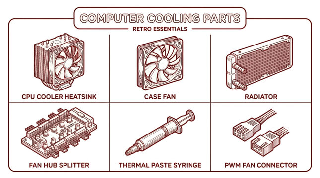Computer cooling parts including CPU cooler heatsink, case fan, radiator, fan hub splitter, thermal paste syringe, and PWM fan connector are illustrated.
