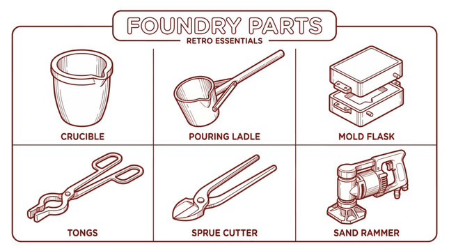 A set of six foundry tools including crucible, pouring ladle, mold flask, tongs, sprue cutter, and sand rammer for metal casting.