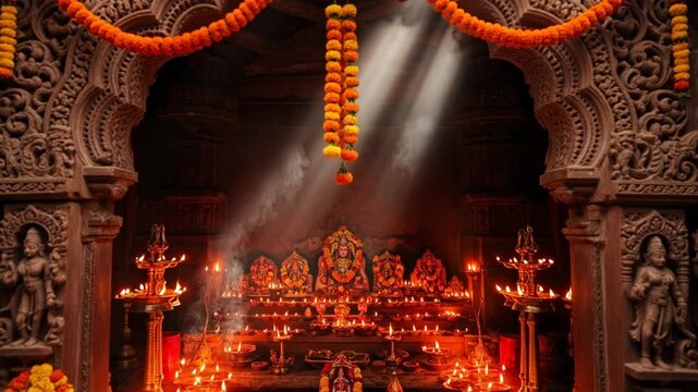 Intricately Carved Hindu Temple Interior Decorated with Marigold Garlands and Oil Lamps for Religious Rituals