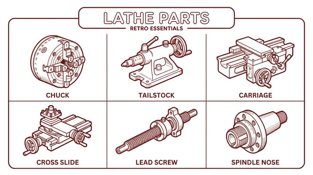 Lathe parts diagram showing chuck, tailstock, carriage, cross slide, lead screw, and spindle nose components