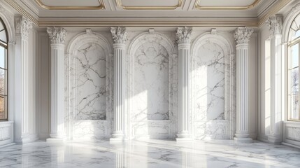 Obraz premium Elegant marble room with ornate columns, arched windows, and intricate moldings bathed in sunlight