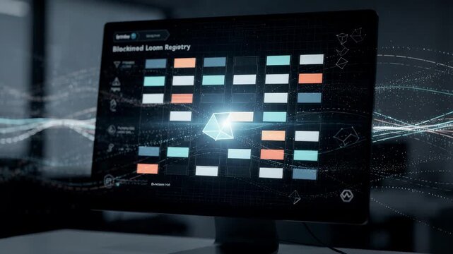 Medium shot of a darkthemed blockchain loan registry screen with sharp tokenized loan entries in focus blurred background highlighting secure ledger elements and data flow.