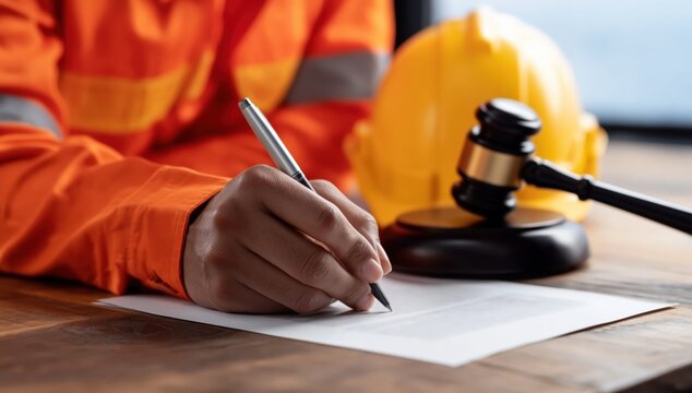 A person in safety gear signs a document with a gavel and hard hat on the table, symbolizing legal agreements or regulations in construction or labor.