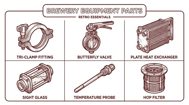 Brewery equipment plate illustration with tri-clamp fitting, butterfly valve, plate heat exchanger, sight glass, temperature probe and hop filter.
