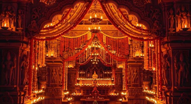 Intricately Decorated Hindu Mandir Interior with Marigold Garlands and Oil Lamps for Religious Ceremony
