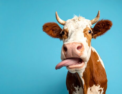 Close-up of a brown and white cow making a silly face, blue background