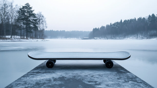 Skateboard on frozen lake with winter forest background