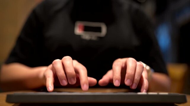 Close-up of person hands typing on laptop keyboard in cafe at night, female freelancer working on computer with bokeh background, digital nomad and remote work concept.