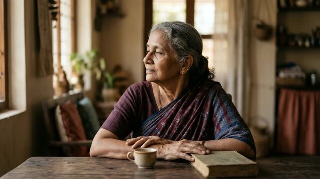 Senior Woman Sitting Indoors in Traditional Clothing, Warm Cultural Portrait 4K
