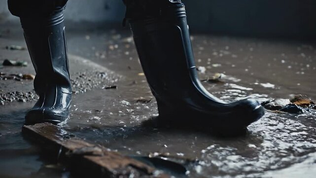 Close-up of man's rubber boots in flood concept. Person wearing black rain boots splashing through muddy puddle on rainy day outdoors