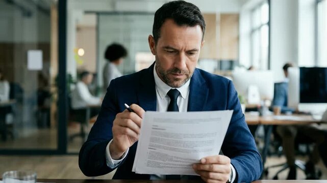 Medium shot of a businessperson examining a letter of credit document with the background office environment softly blurred to emphasize focus on the contract details.