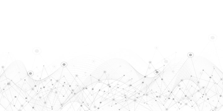 Abstract technology network background with connected dots and lines, grey digital plexus wave on white, futuristic communication vector illustration