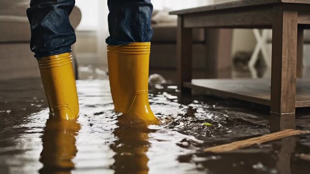Close-up of man's rubber boots in flood concept. Yellow rain boots walking through indoor flooded room with water and scattered debris