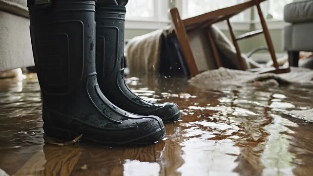 Close-up of man's rubber boots in flood concept. Black rubber boots standing in flooded living room with water on wooden floor and overturned chair