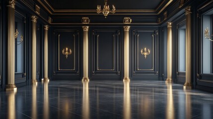 Fototapeta premium Luxurious empty room with tall golden columns, ornate chandeliers, and reflective marble floor