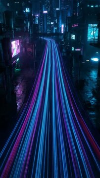 A city street with a long blue line of light