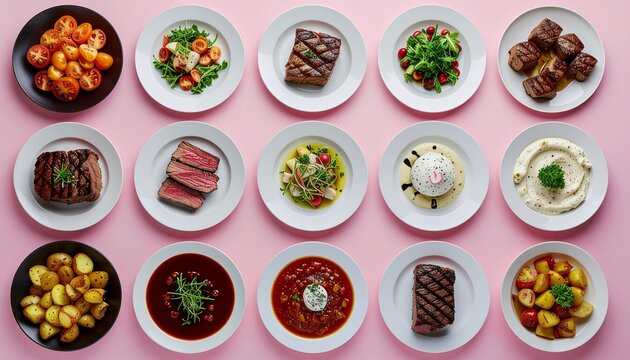 ステーキと洋食フルコースの俯瞰構図ピンク背景　 generative ai