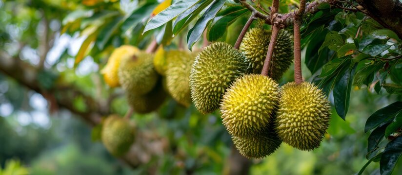 Durian fruit growing on evergreen tropical tree