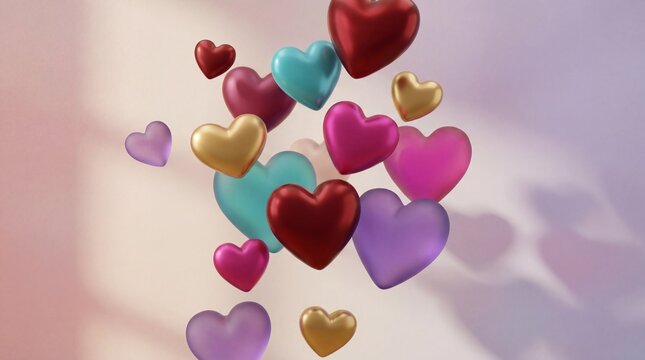 A collection of colorful hearts floating with gentle shadows and soft hues. A celebration of love and affection