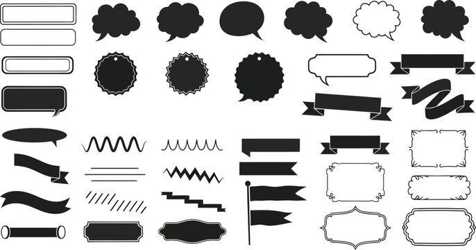 A collection of black and white speech bubbles and banners