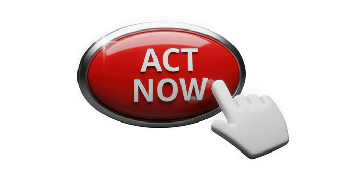 Red circular button with act now text and a white arrow pointing to the right isolated on transparent background