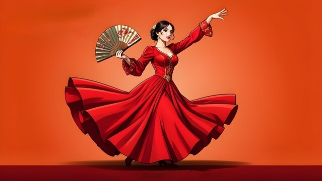 International Dance Day: Vibrant Spanish flamenco dancer with fan and flowing red dress