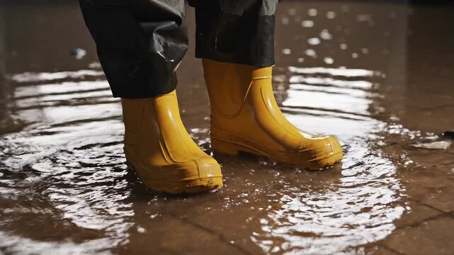 Close-up of man's rubber boots in flood concept. Close up of yellow rain boots splashing water in a puddle on wet floor during rainy weather