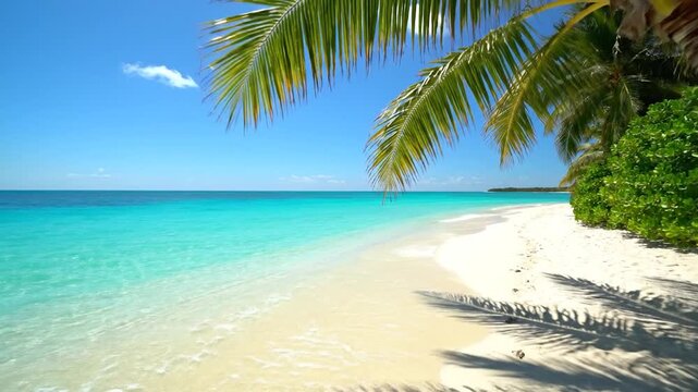A beautiful tropical beach with white sand and a palm tree under a clear blue sky