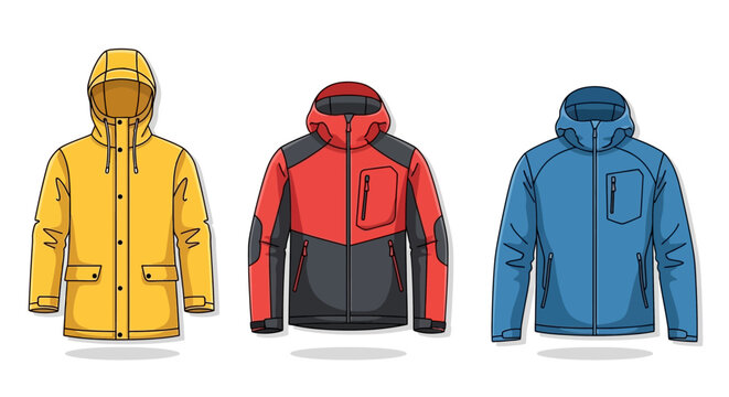 Three colorful hooded jackets side by side.