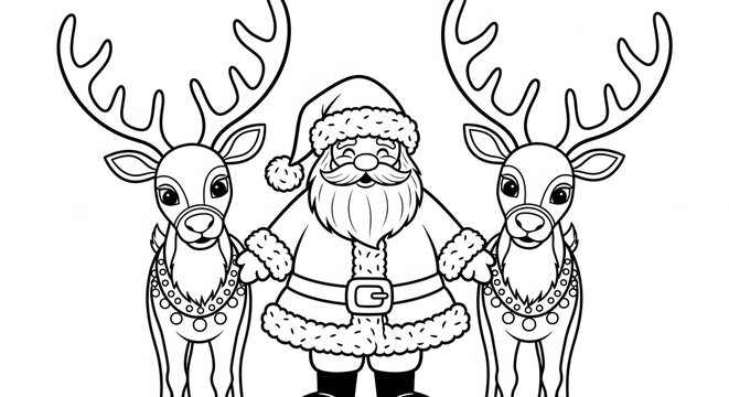 Festive line art santa claus surrounded by reindeer