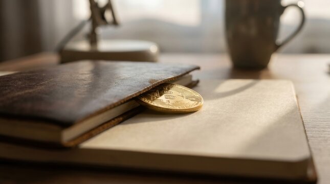A book alongside a hidden bitcoin coin symbolizing knowledge and understanding of digital currency and financial markets